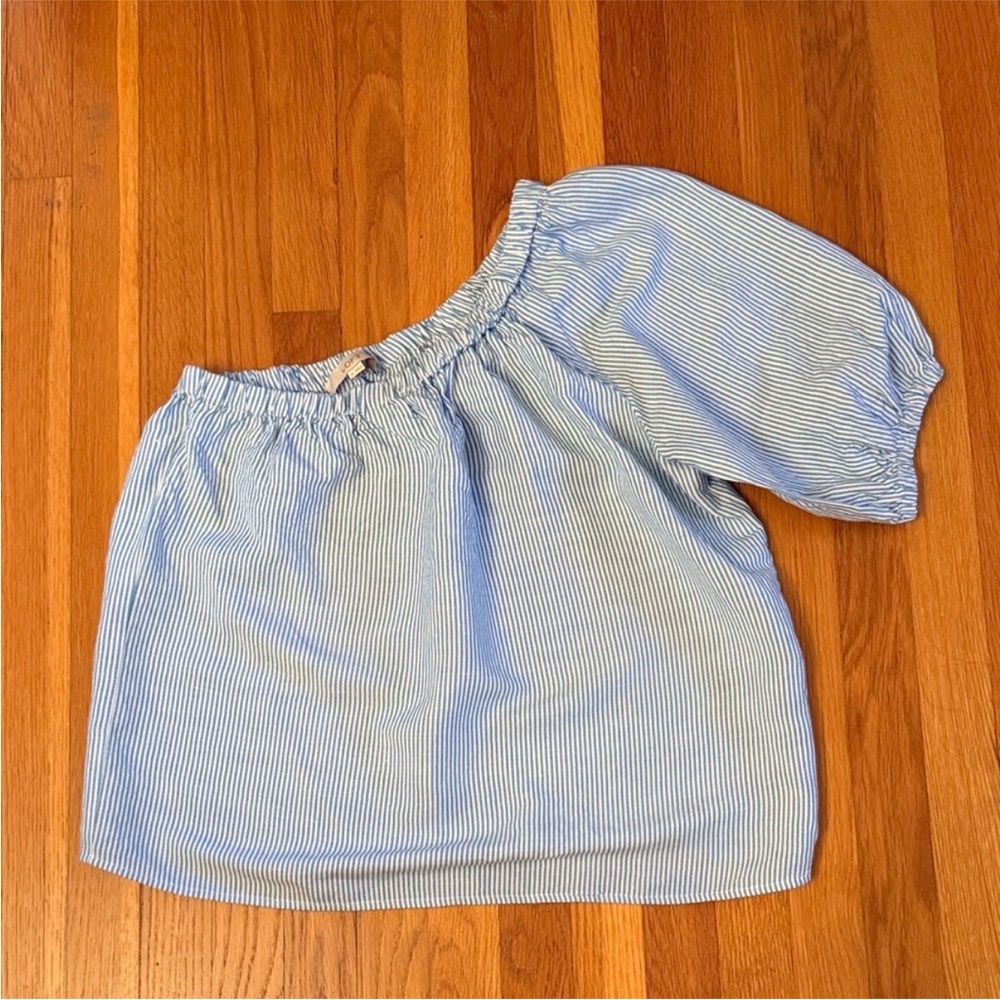 LOFT Blue & White Striped One Shoulder Blouse Size M Puff Sleeve Linen Summer